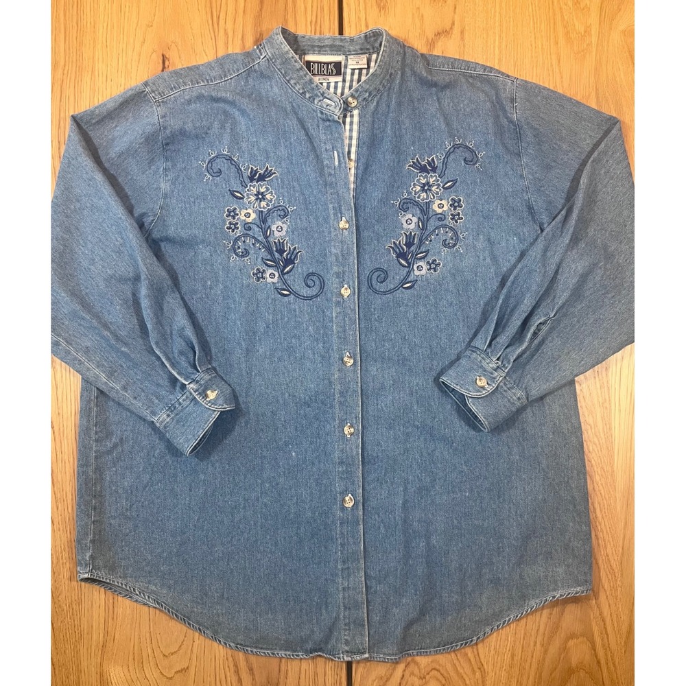 Bill Blass Denim Embroidered Shirt Womens 1X Blue Vintage Cottagecore Top